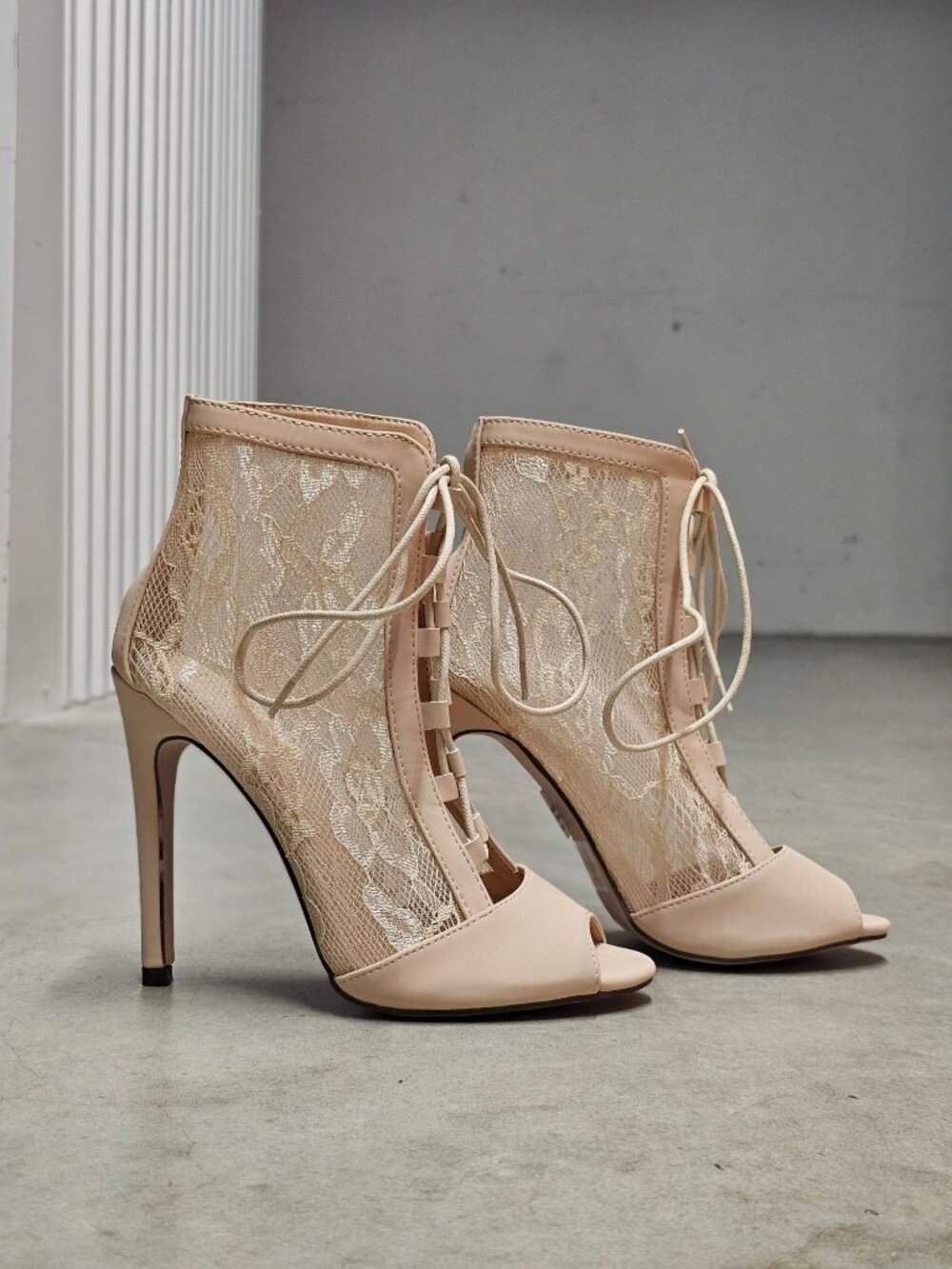Peep Toe Lace-Up Stiletto Booties With Sheer Lace Panels Nude Beige High Heel An - Picture 11 of 12